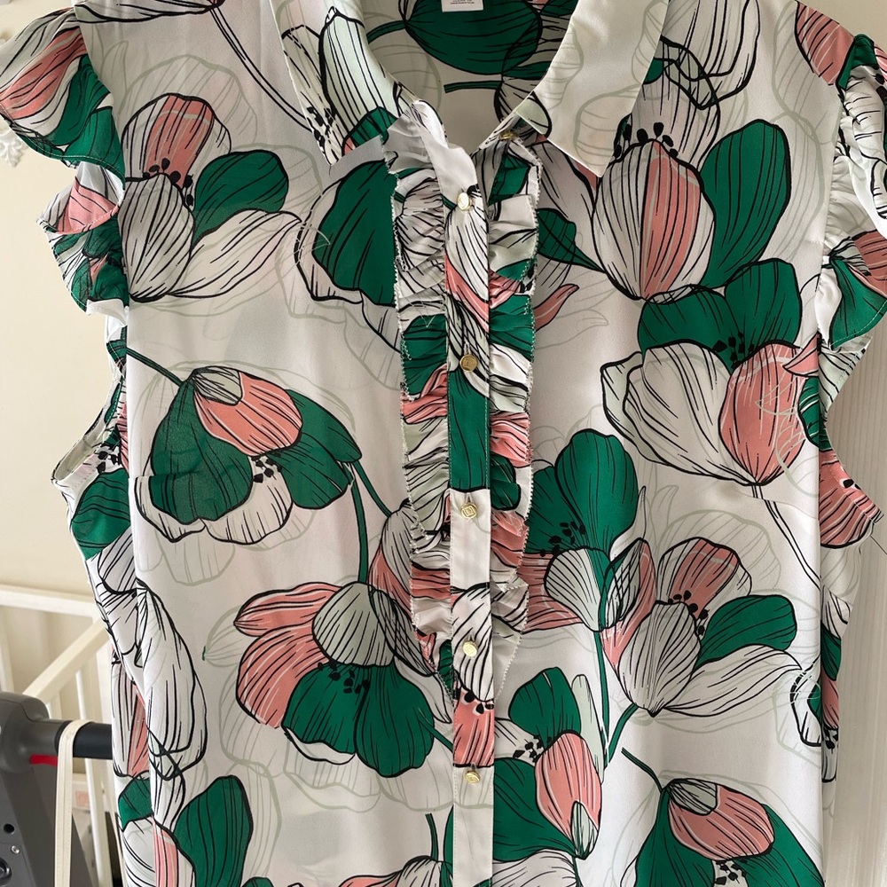 Liz Claiborne Pink and Green Ruffled Sleeveless Blouse